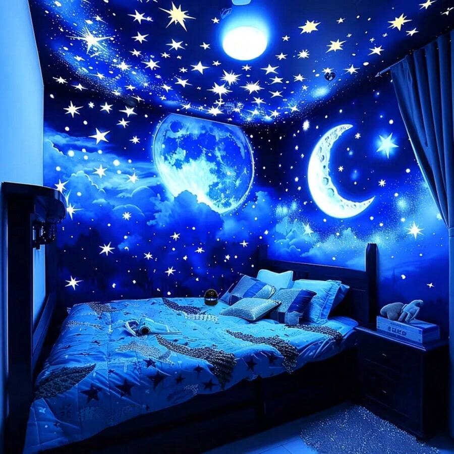 Luz nocturna de proyección de estrella y luna multicolor moderna alimentada por USB, proyección giratoria para techo/escritorio, adecuada para dormitorio, habitación, iluminación de sala de juegos, proyección dinámica de cielo estrellado, lámpara de atmósfera de plástico, luz decorativa ambiental - Estrella - Ver 1