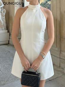 Elegant Women's Halter Neck Dress Sleeveless Dress For Wedding Party Going Out Dating Fall Winter - White - View 1