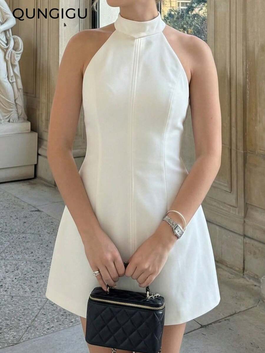 Elegant Women's Halter Neck Dress Sleeveless Dress For Wedding Party Going Out Dating Fall Winter - White - View 1