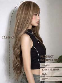 32 Inch High Gloss Platinum Brown Long Wavy Synthetic Wig With Bangs, Heat Resistant Loose Curly Hair For Women, Adjustable Wig Cap, Suitable For Daily Wear, Party, Cosplay - Multicolor - View 5