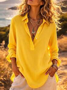 Casual Basic Women's Plus Size Button-Up Long Sleeve Half-Open Front Shirt - Orange - View 1