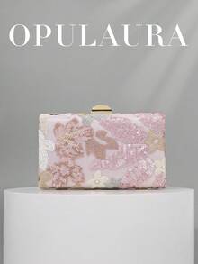 OpulAura亮片刺绣花卉手拿包，女士时尚亮片拼接手提包，派对晚宴包，随机裁剪，适合女性，适合派对、婚礼、宴会、度假等场合。非常适合派对、婚礼、宴会，可搭配节日派对礼服、晚礼服和亮片连衣裙。是新娘送礼会的最佳优雅之选，闪亮亮片包，女士优雅派对包，完美搭配节日派对礼服、晚礼服和亮片连衣裙，适合派对、婚礼、舞会、晚宴/宴会等场合，粉色，派对包，毕业典礼。 - 粉色 - 查看 1