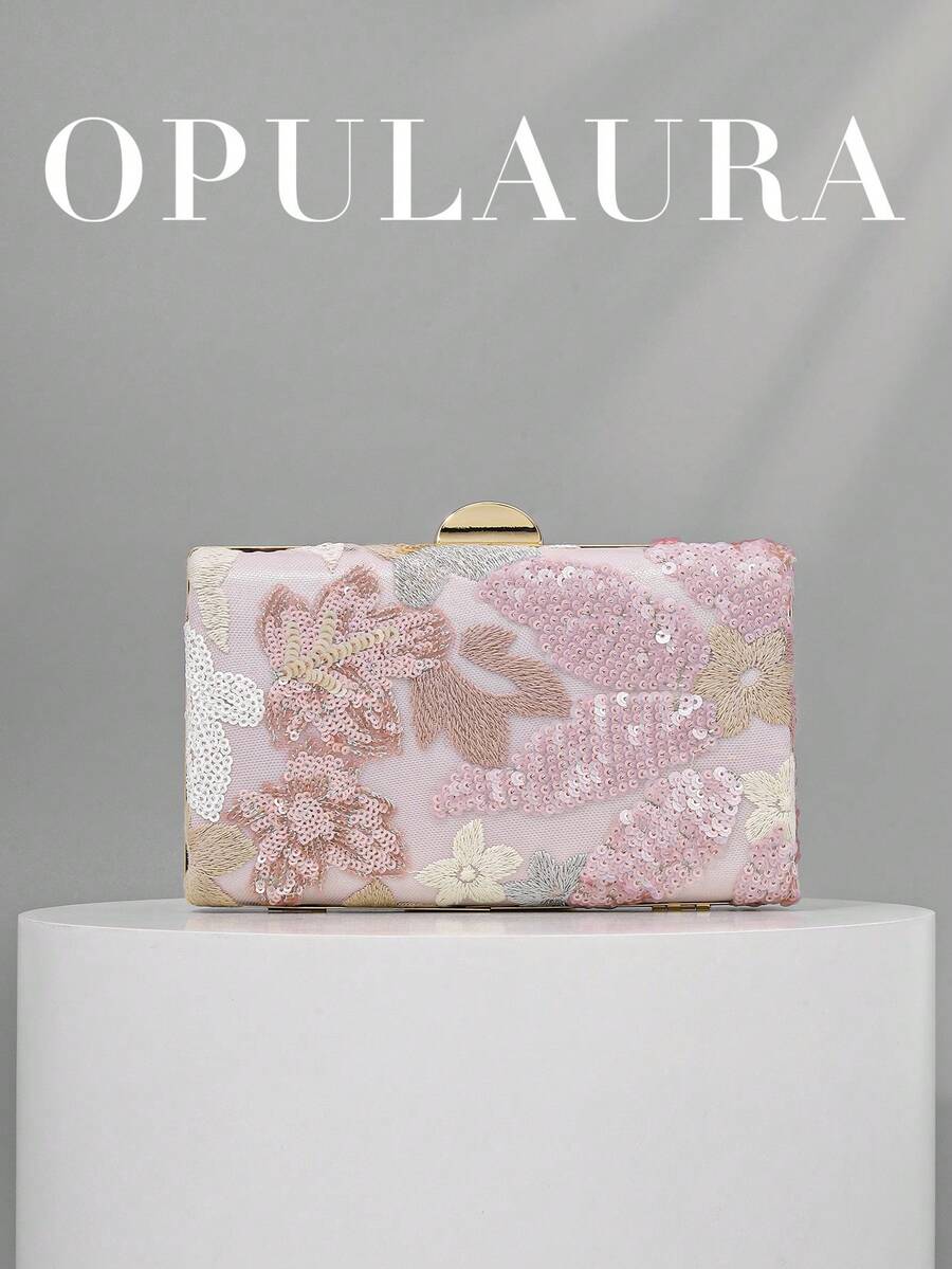 OpulAura亮片刺绣花卉手拿包，女士时尚亮片拼接手提包，派对晚宴包，随机裁剪，适合女性，适合派对、婚礼、宴会、度假等场合。非常适合派对、婚礼、宴会，可搭配节日派对礼服、晚礼服和亮片连衣裙。是新娘送礼会的最佳优雅之选，闪亮亮片包，女士优雅派对包，完美搭配节日派对礼服、晚礼服和亮片连衣裙，适合派对、婚礼、舞会、晚宴/宴会等场合，粉色，派对包，毕业典礼。 - 粉色 - 查看 1