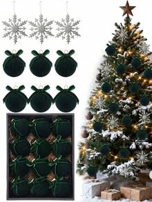 12pcs Velvet Christmas Ball Ornament,Dark Green Flocked Christmas Tree Hanging Ornament,Velvet Xmas Ball Ornament With Bow,Flocked Xmas Ball Decorative Hanging Ornament Set For Xmas Tree Holiday Wreath Garland Fireplace Decor,Xmas Party Hanging Decor - A - View 5