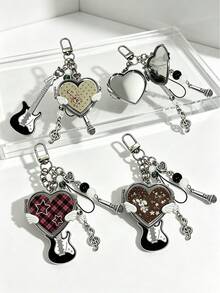Y2k Heart-Shaped Mirror Bag Charm, Style Musical Note Guitar Pendant, Portable Heart-Shaped Mirror Keychain, Birthday Or Holiday Gifts. - Multicolor - View 7