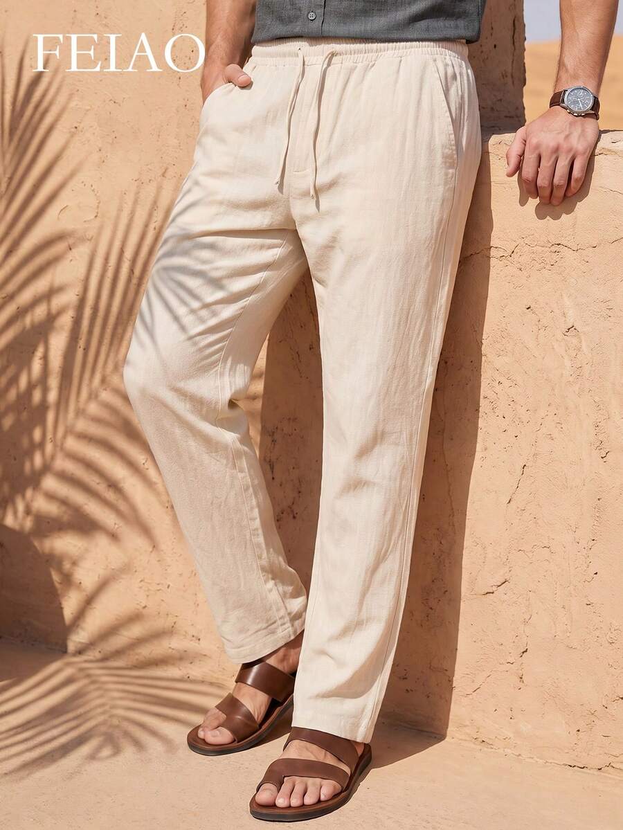 FEIAO Men's Vintage Style Pure Cotton Casual Pants, Coin Print, Suitable For Casual And Commute Wear, All Seasons - Apricot - View 1
