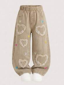 1pc Girls Heart Embroidered Frayed Hem Wide Leg Denim Jeans, Elastic Waist Loose Casual Long Pants, Sweet Fashion Style - Khaki - View 2