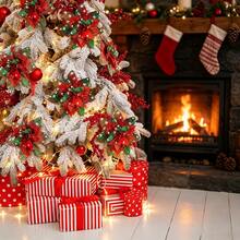3/12/24pcs Christmas Artificial Poinsettia Branch, Red Green Plaid Fake Flower With Stem, No Clip Floral Pick For Holiday Decor - Red - View 1