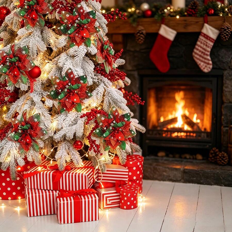 3/12/24pcs Christmas Artificial Poinsettia Branch, Red Green Plaid Fake Flower With Stem, No Clip Floral Pick For Holiday Decor - Red - View 1