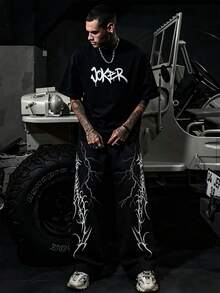 Men's High Street Vintage Distressed Black With White Thorn & Flame Pattern Drawstring Wide Leg Sweatpants - Black - View 2