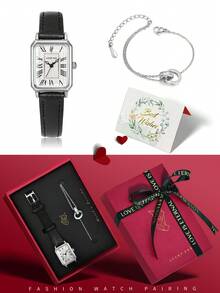 LUCKYFOX Women's Watch Gift Set With Rhinestone Iridescent Dial, Leather Strap Quartz Watch, Bracelet, Greeting Card, Vintage Luxury Gift Box For Valentine's Day And Holidays - Black - View 2