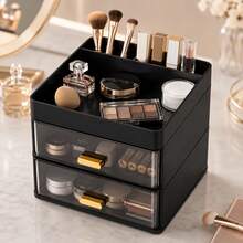 1pc Desktop Storage Box With 2 Transparent Drawers And Top Compartment Tray, Gold Handles, Suitable For Pens, Cosmetics Desktop Organization - Multicolor - View 1