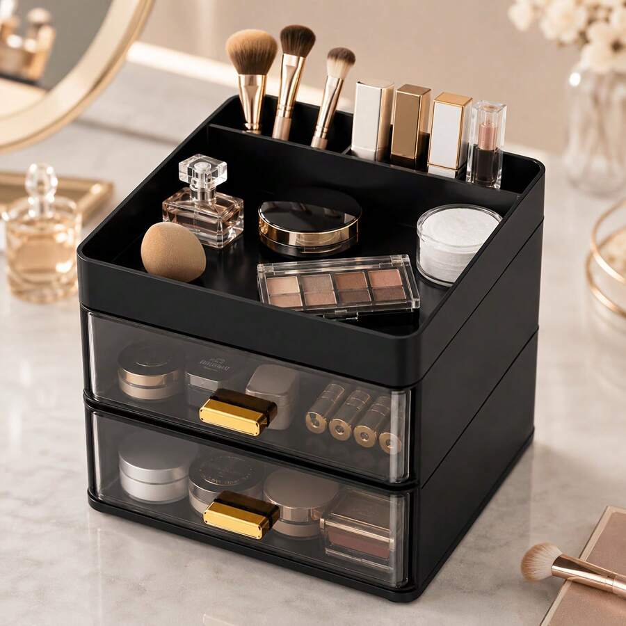 1pc Desktop Storage Box With 2 Transparent Drawers And Top Compartment Tray, Gold Handles, Suitable For Pens, Cosmetics Desktop Organization - Multicolor - View 1