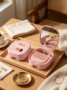 Small Jewelry Organizer With Mirror, Jewelry Storage Box, Drawer Style Beauty Mirror, Printed With Cartoon Jewelry Pattern, Built-In Mirror And Compartments, Vanity Tabletop Storage Box, Organizes Rings, Earrings, Bracelets And Necklaces, Graduation Season, Back To School, Teacher's Day, Valentine's Day, Party Gifts - Multicolor - View 3
