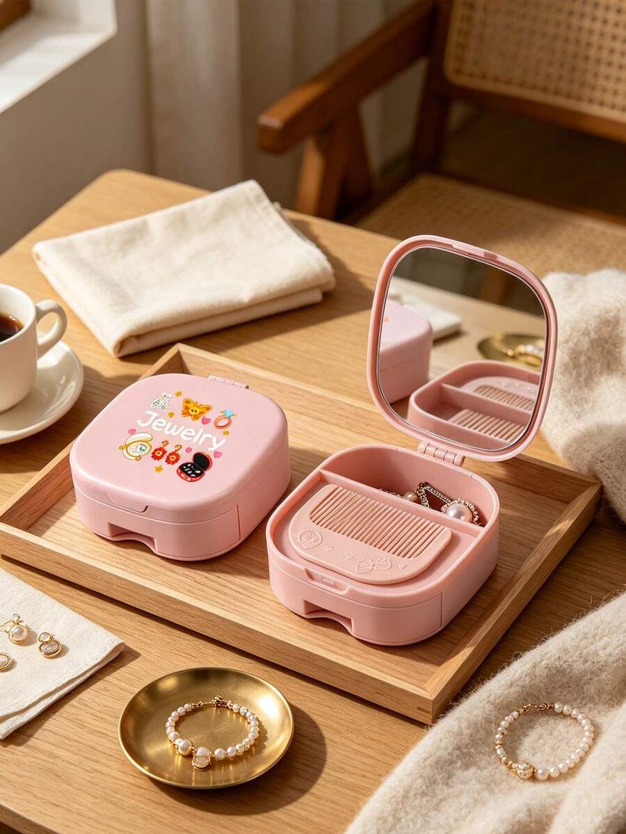 Small Jewelry Organizer With Mirror, Jewelry Storage Box, Drawer Style Beauty Mirror, Printed With Cartoon Jewelry Pattern, Built-In Mirror And Compartments, Vanity Tabletop Storage Box, Organizes Rings, Earrings, Bracelets And Necklaces, Graduation Season, Back To School, Teacher's Day, Valentine's Day, Party Gifts - Multicolor - View 1