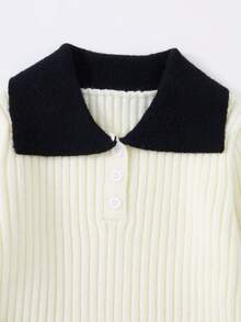 Girls' Colorblock Polo Collar Ribbed Knit Sweater Dress, Long Sleeve, Spring/Autumn New Style - Apricot - View 3