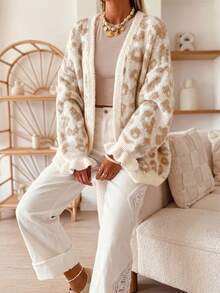 Women's Colorblock Leopard Print Jacquard Ruffle Cuff Autumn/Winter Casual Chic Lazy Versatile Knit Long Sleeve Cardigan - Multicolor - View 4
