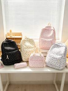 3pcs Back To School Heart Bow Pattern Backpack Set, Large Capacity Nylon School Day Bag With Lunch Bag And Pencil Case, Multi-Pocket Casual Backpack, Lightweight Bookbag, Suitable For Students/Graduates/Young People, Perfect For Back To School/Daily/Shopping/Short Trips And Outdoor Leisure Activities - 8216 - View 8