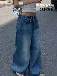 Plus Size Retro Casual Loose Straight Leg Denim Maxi Pants, Fashion & Versatile Spring Fall - Dark Wash - View 2