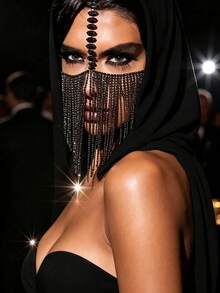 Black Mysterious Face Jewelry Accessory Long Tassel Mask Cosplay Decoration Elegant Women - Black - View 3
