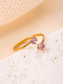 1/5pcs Double Colorful Rhinestone Open Ring For Women, Minimalist High-End Stainless Steel Non-Fading Zirconia Thin Ring, Stackable Decorative Finger Ring, Holiday Gift, Daily Commute Jewelry - Gold - View 15