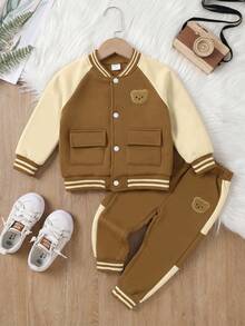 Purechapter 2pcs Boys New Contrast Color Raglan Sleeve Baseball Jacket And Sports Long Pants, Pocket Patch Bear Design, Suitable For Outdoor, Holiday, Party, Daily Wear, Young Boy Gift, Collegiate Style, Autumn/Winter - Brown - View 2