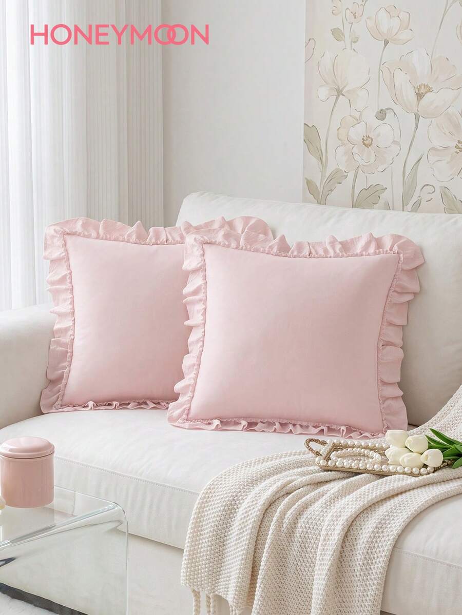 1pc Romantic French Ruffle Quilted Envelope Pillowcase (No Filling), Fashionable Romantic Decorative Throw Pillow Cover, Suitable For Bedroom/Dorm/Sofa/Bench, Gift For Lovers And Friends, Machine Washable - Baby Pink - View 1