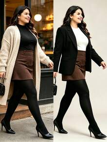 1 Pair Women Solid Black Plus Size Opaque Pantyhose, Medium‑Thick High Stretch Soft Casual Tights For Autumn Winter Daily Office Outfits - Black - View 3