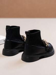 1 Pair Girls Baby Toddler Metal Buckle Decor Knitted Collar Comfortable Flat Elastic Boots, Suitable For Daily Wear In Autumn/Winter - Black - View 6