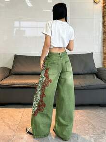 1件女款寬鬆刺繡寬腿牛仔褲，舒適休閒高街時尚丹寧長褲（不含腰帶/配件）秋季 - 綠色 - 查看 8