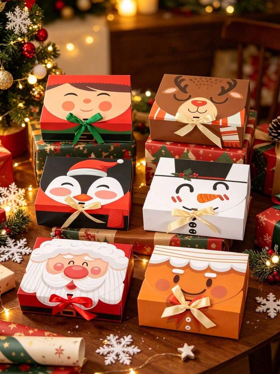 6Pcs Christmas Gift Boxes With Ribbons, Merry Christmas Gift Wrapping Boxes With Santa Claus, Snowman, Deer, Gingerbread Man, Elk, Elf Designs, Suitable For Holiday Decorations, Seasonal Gift Wrapping, Christmas Party Decorations - Multicolor - View 1