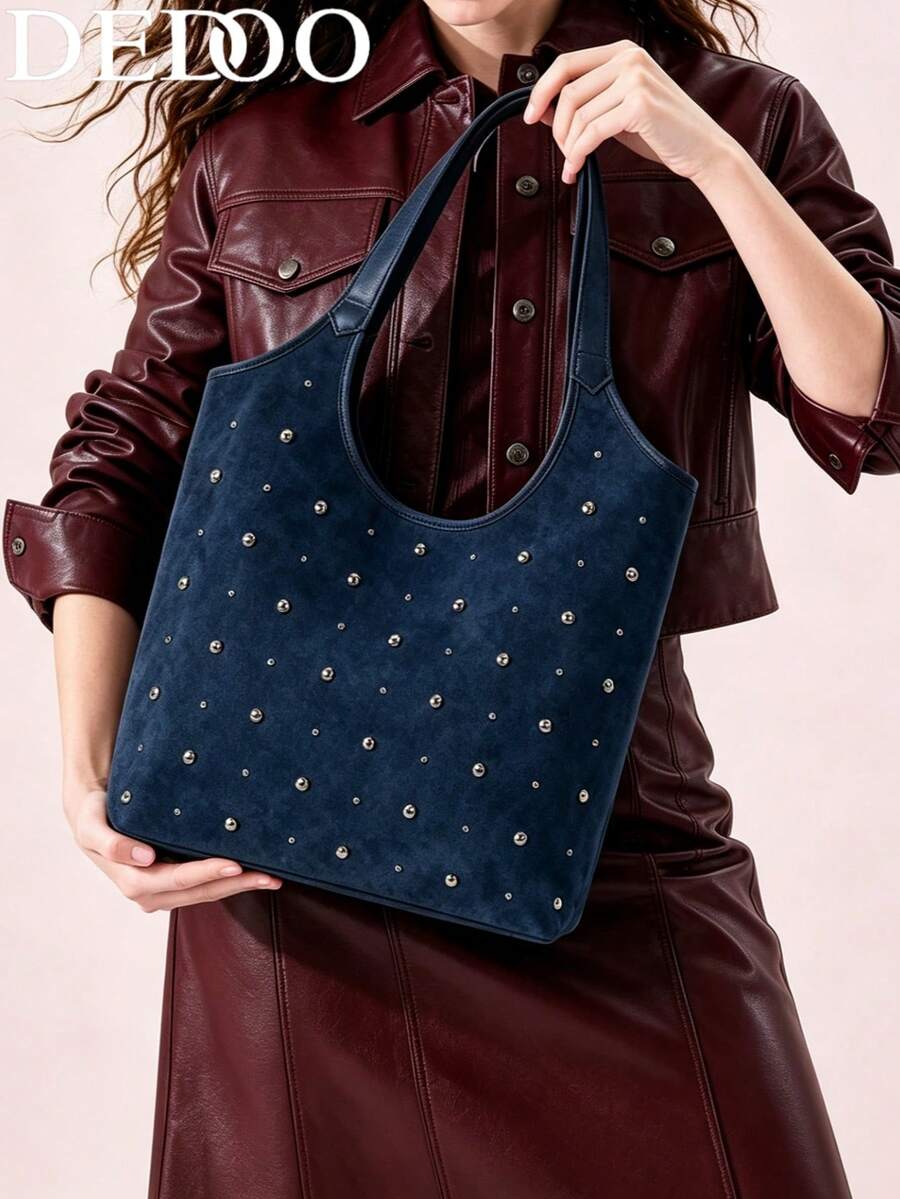 Dedoo Women Suede Hobo Tote Shoulder Bag, Navy Blue Silver Rivet Decor, Wide Strap, Large Capacity, Vintage Y2K Purse For Women Daily Street Shopping Work - Blue - View 1