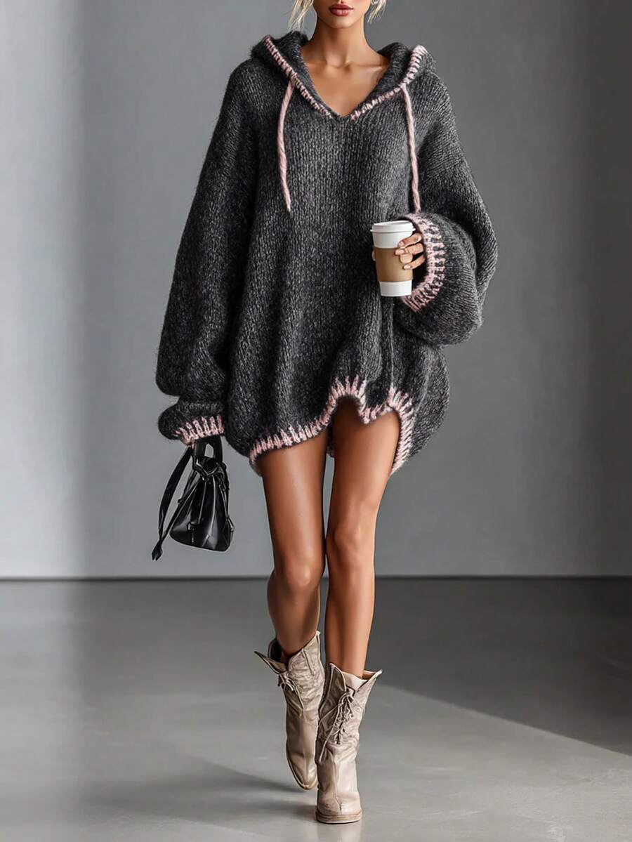 Women's Colorblock Hooded Drawstring Drop Shoulder Ribbed Long Sleeve Oversized Loose Knit Dress, Plush Soft Cozy, Fall Winter Vintage Versatile - Dark Grey - View 1