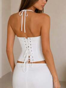 ApperlothPOP Elegant Color Fitted Halter Top,Front Button Closure, Bow Detail, Spaghetti Strap, Christmas, Vacation, Date, Halloween Shapewear - White - View 4