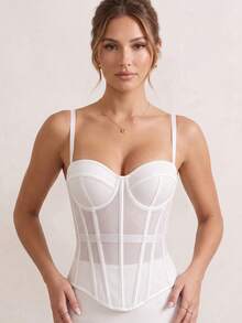 Women's Solid Color Corset-Style Brown Backless Mesh Camisole With Bra, Autumn/Winter Lingerie Casual White Summer - White - View 8