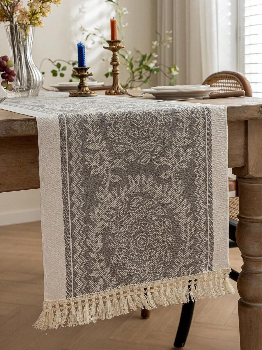 1pc Grey Table Runner With Tassels, Suitable For Home Tabletop Decoration, Wedding, Restaurant, Living Room, Autumn Decor, Autumn Home Decor, Home Decor, Kitchen Decor, Room Decor, Kitchen Accessories, Dining Table Decor, Dining Table Decor, Dining Table Decor
