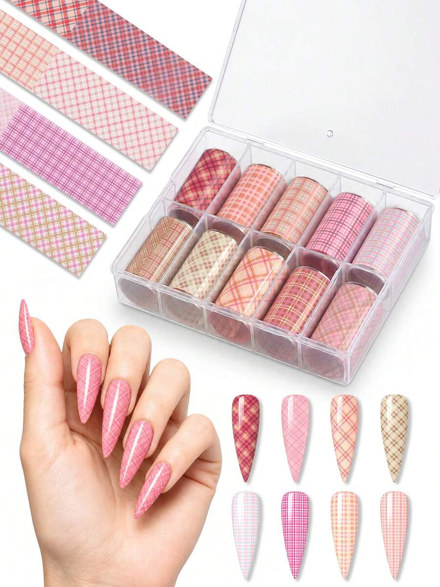 10 Rolls Pink Plaid Pattern Nail Art Transfer Paper, Korean And ...