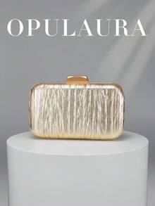 OpulAura 復古奢華手拿包，金色 PU 皮革亮面百褶設計時尚派對包，正式派對手提包，高端方盒小包，適合派對/婚禮/正式場合晚宴女士包，附鏈條 - 金色 - 查看 1