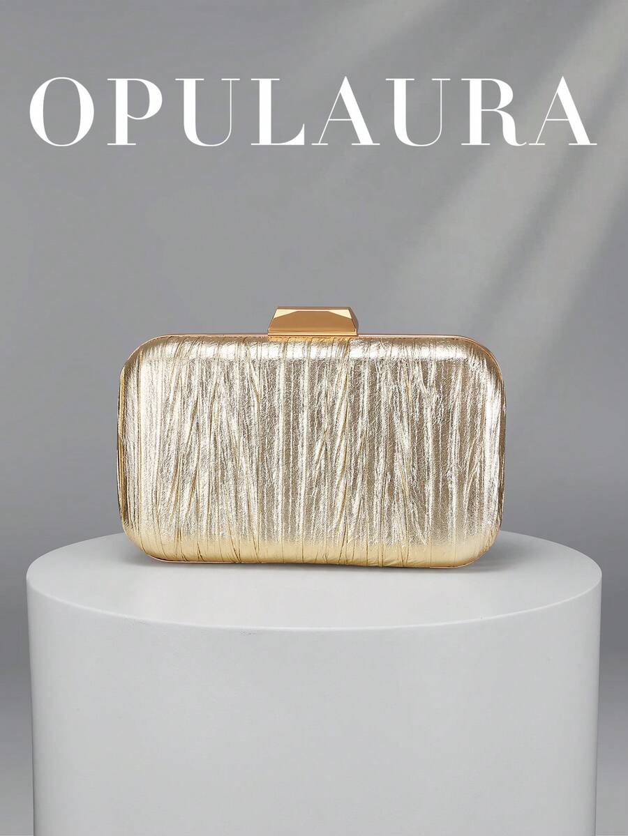 OpulAura 復古奢華手拿包,金色 PU 皮革亮面百褶設計時尚派對包,正式派對手提包,高端方盒小包,適合派對/婚禮/正式場合晚宴女士包,附鏈條 - 金色 - 查看 1