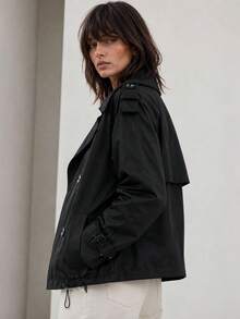 Short Trench Coat, Button Closure, Elastic Drawstrings At The Bottom Of The Jacket - Black - View 2