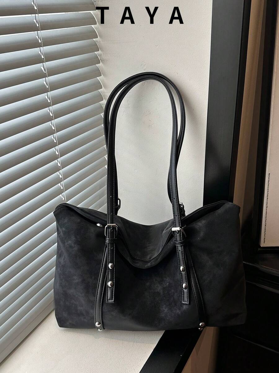 Women's Vintage Large Capacity Tote Bag, Studded Decor, Shoulder Carry Casual Daily Commute Handbag, Suitable For Travel, Work And Shopping.