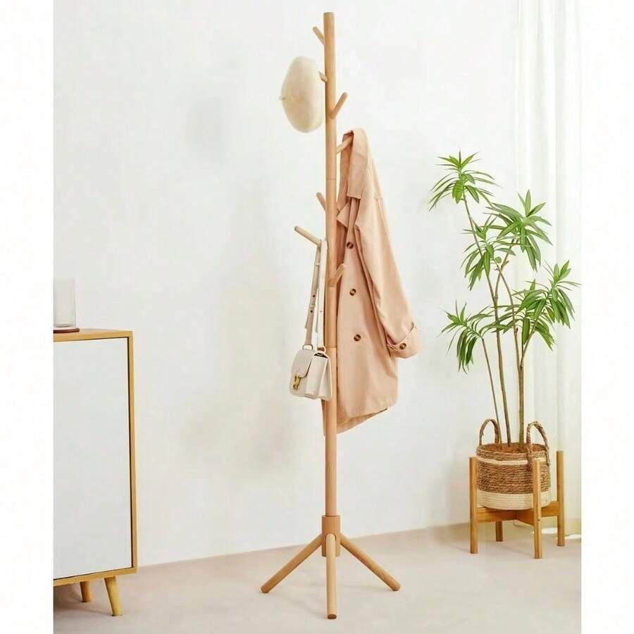 174cm Solid Wood Freestanding Coat Rack with 8 Hooks – Space-Saving Garment Stand for Bedroom, Living Room & Office, Ideal for Entryway Coats & Bags, Temporary Storage & Tip-Resistant Nordic or Japanese Style Decor - Beige - Übersicht 1