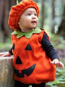 2pcs/Kids/Halloween/Pumpkin/Sleeveless Funny Ghost Face Embroidered Pumpkin Top Set - Orange - View 1