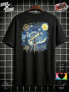 Starry Night Telescope Astronomy Science Graphic Vintage Summer Fitted Cotton Short Sleeve Tee, Men Outdoor Travel Casual Wear - Black - View 2