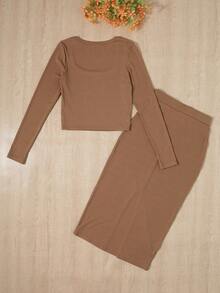 Women's Ribbed Long Sleeve Crop Top And Slit Midi Skirt Set, Casual Elegant Two Pieces Outfit, Autumn Essential - Coffee Brown - View 2