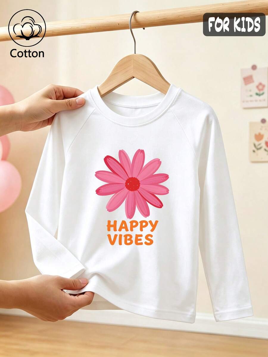 Girls Cotton Raglan Long Sleeve T-Shirt For Fall Winter, Pink Floral Print And Orange 'HAPPY VIBES' Graphic, Cute Sweet Preppy Style - White - View 1
