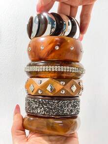 Vintage Amber Pattern Wide Cuff Bracelet Set, Rhinestone & Studded Patchwork Design Layered Bangles, Niche Accessory For Women - Multicolor - View 3