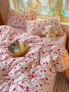 Strawberry Bow Print Duvet Cover Set, Soft Ruched Bubble Texture Bedding, Cute Girl's Room Decor 3 Pieces Set (1*Duvet Cover + 2*Pillowcases, No Filling) - Pink - View 4