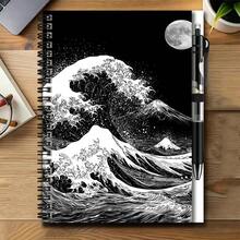 1 Set Japanese Ukiyo-E Style 2D Spiral Coil Notebook And Pen Set, Black And White Wave And Moon Artistic Collision. Great Helper For Work And Study, Suitable For Diary, Daily Planning And Memo. Premium Gift Choice For Graduation, Birthday And Other Occasions, Inspiring Writing And Beautiful Daily Life, Accompanying You To Start Every Moment Of Recording. - 1 Book + 1 Pen - View 10