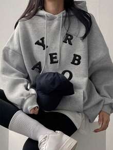 Women's Hooded Sweatshirt, New Autumn/Winter Letter Print, Drawstring Design, With Pockets, Casual Versatile Loose Fit Top, Fashionable Daily Wear - Dark Gray - View 2